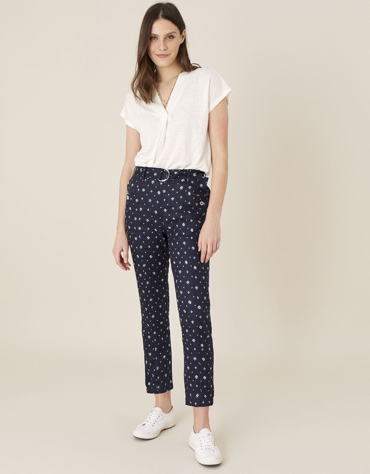 Dolly Printed Trousers in Pure Linen Blue Trousers Leggings Monsoon Global