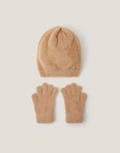 Jewel Bow Fuzzy Knit Hat & Gloves Set, Camel (CAMEL), large