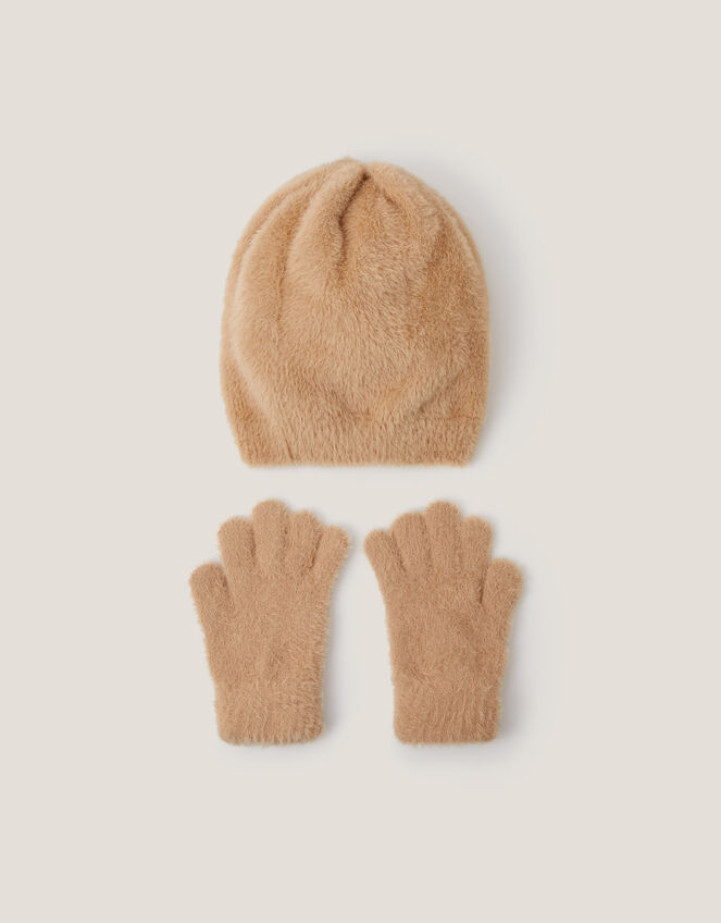 Jewel Bow Fuzzy Knit Hat & Gloves Set, Camel (CAMEL), large