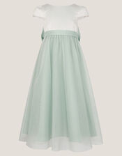 Short Sleeve Satin Tulle Bridesmaid Maxi Dress, Green (SAGE), large