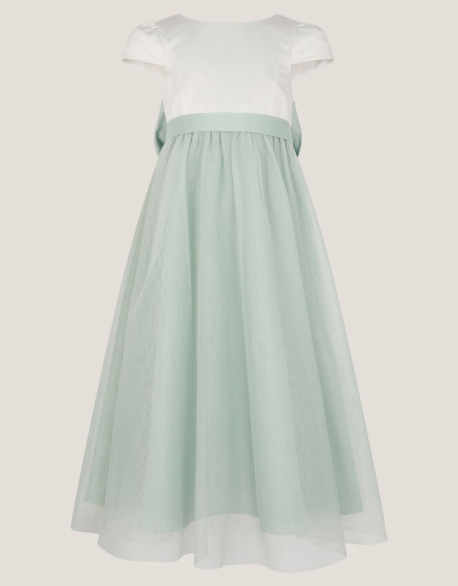 Short Sleeve Satin Tulle Bridesmaid Maxi Dress, Green (SAGE), large