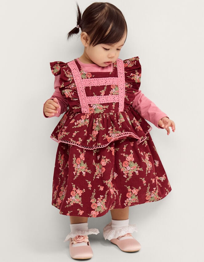 Baby Top & Floral Corduroy Dress Set, Red (BURGUNDY), large