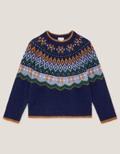 Crew Neck Fair Isle Jumper, Blue (NAVY), large