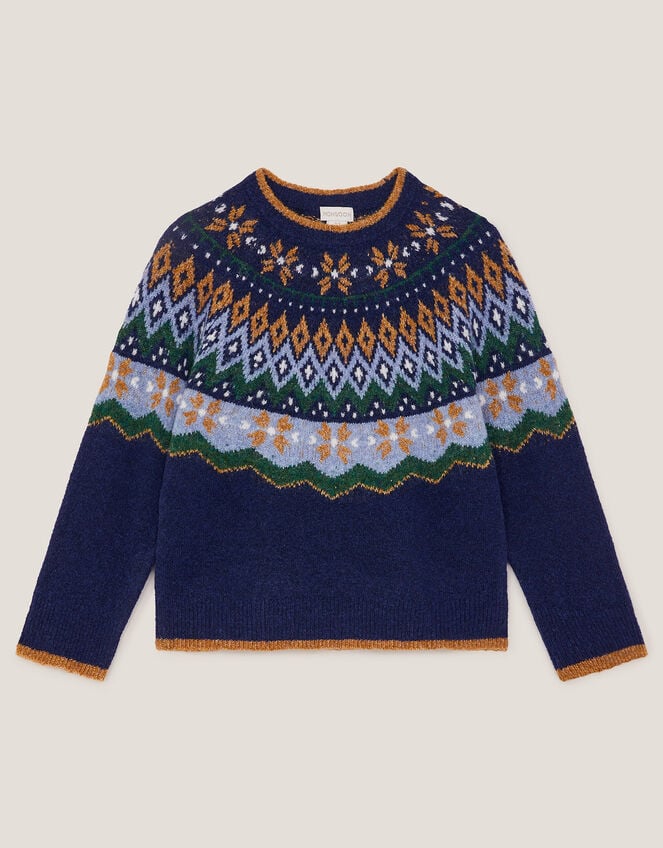 Crew Neck Fair Isle Jumper, Blue (NAVY), large