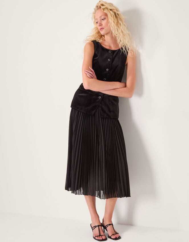 Vanessa Sleeveless Velvet Pleated Midi Dress, Black (BLACK), large