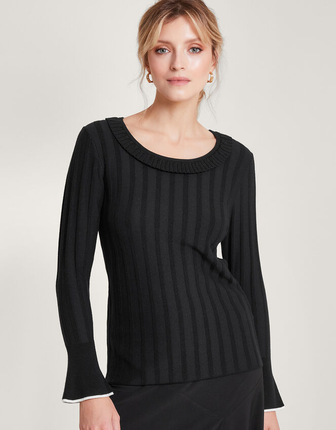Smart Ribbed Frill Jumper, Black (BLACK), large