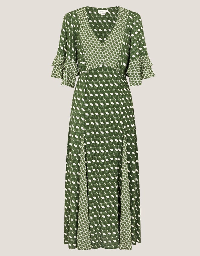 Maren Geometric Print Midi Tea Dress, Green (KHAKI), large