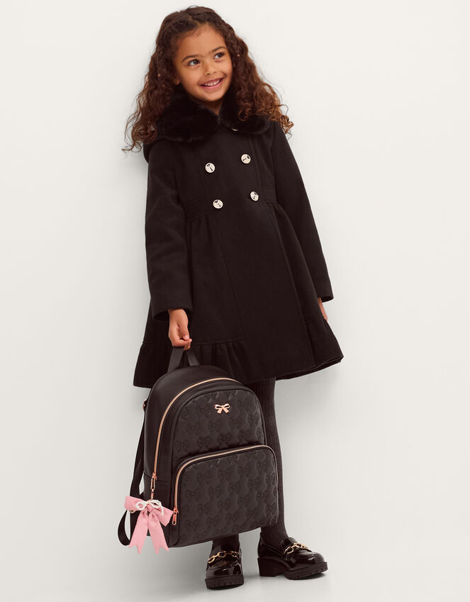Faux Fur Collar Double-Breasted Coat, Black (BLACK), large