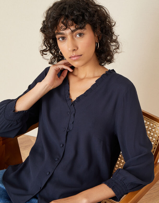 Frill Neck Button Blouse, Blue (NAVY), large