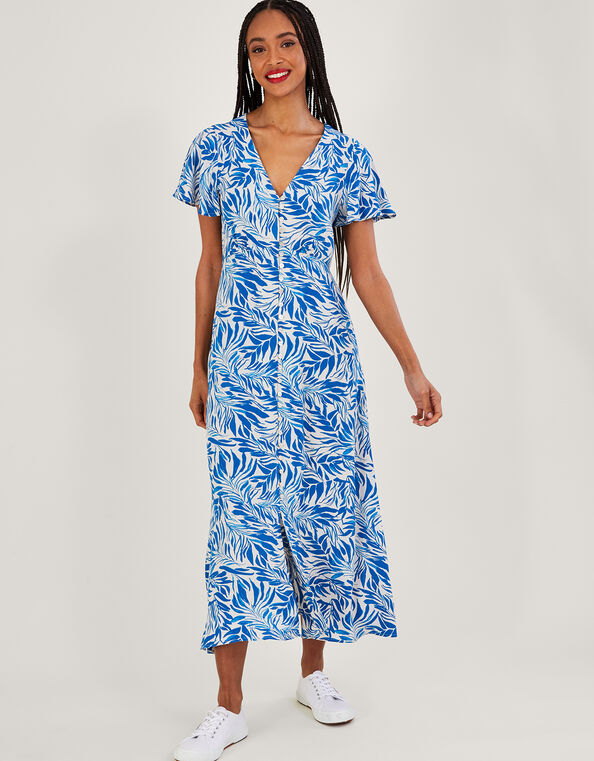 Florence Leaf Print Tea Dress in Sustainable Viscose, Blue (BLUE), large