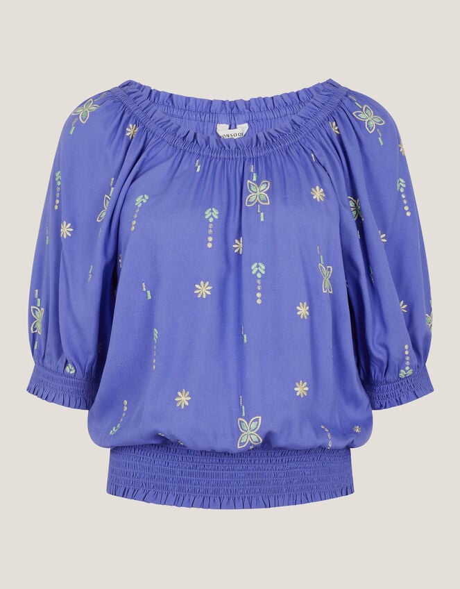 Emily Embroidered Puff-Sleeve Top, Blue (BLUE), large