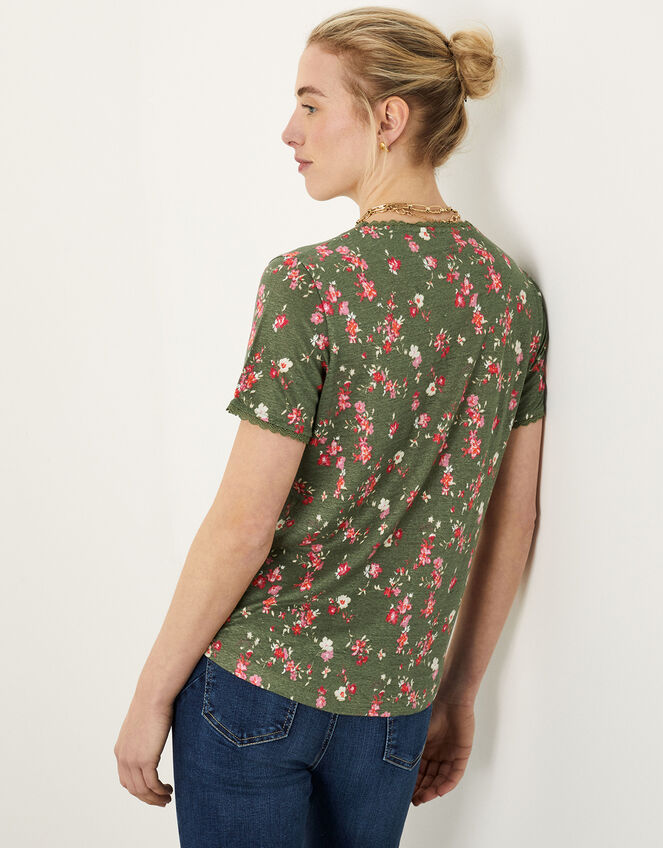 Floral Lace Trim Short Sleeve Linen Top, Green (KHAKI), large