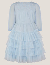 Long Sleeve Bow Beaded Ruffle Dress, Blue (BLUE), large