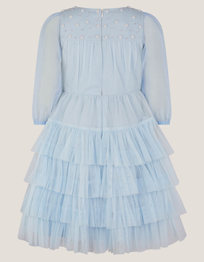 Long Sleeve Bow Beaded Ruffle Dress, Blue (BLUE), large