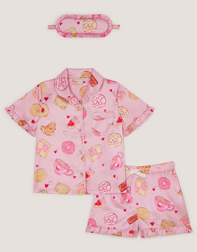 Tea Time Satin Short Pyjamas & Sleep Mask Set, Pink (PINK), large