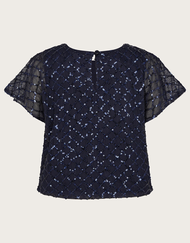 Flutter Sleeve Sequin top, Blue (NAVY), large