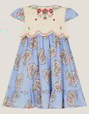 Baby Heart Print Embroidered Panel Dress, Blue (BLUE), large