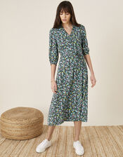 Ditsy Floral Print Collar Dress, Blue (NAVY), large