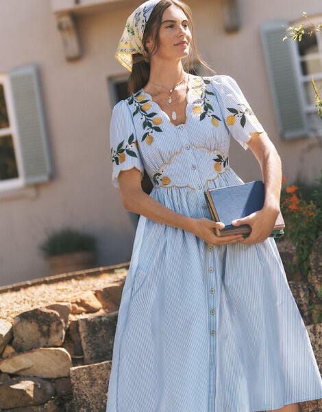 Marisol Lemon Embroidered Stripe Midi Dress, Blue (BLUE), large