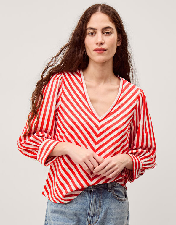 Shayla V-Neck Stripe Jersey Top, Ivory (IVORY), large