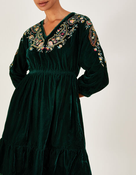 Velvet Embroidered Paisley Paget Dress Green, Green (GREEN), large