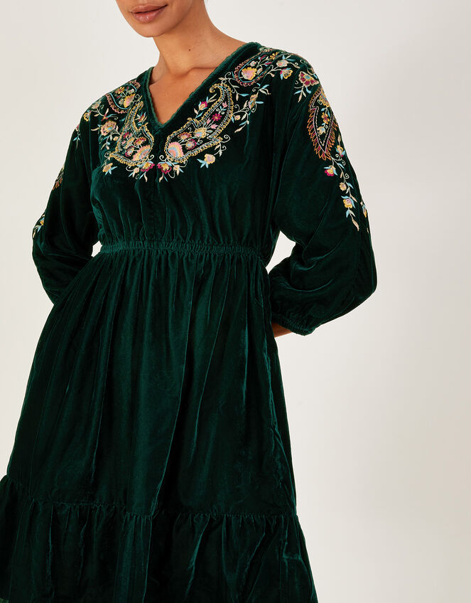 Velvet Embroidered Paisley Paget Dress, Green (GREEN), large