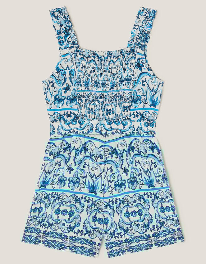 Ornate Floral Print Playsuit, Blue (BLUE), large