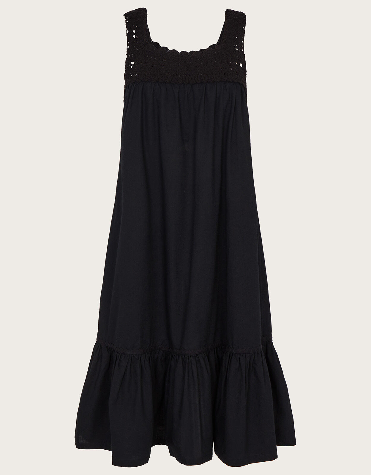 Crochet Trim Midi Dress in Sustainable Cotton Black