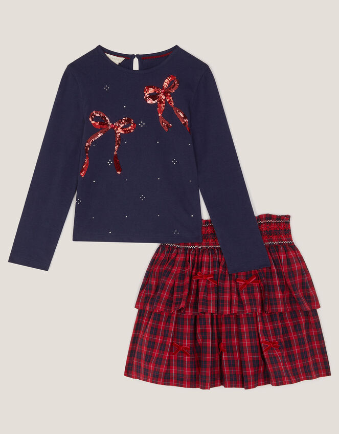 Bow Embellished Top & Tartan Skirt Set, Red (RED), large