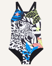 Leopard Face Swimsuit in Recycled Polyester, Black (BLACK), large