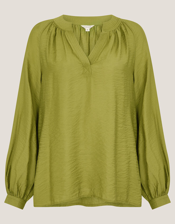 Aya Long Sleeve Satin Blouse, Green (GREEN), large
