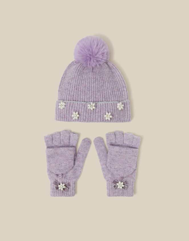 Pearl Flower Bobble Hat & Gloves Set, Purple (LILAC), large