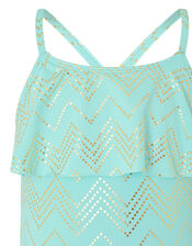 Chevron Foil Frill Swimsuit, Blue (TURQUOISE), large