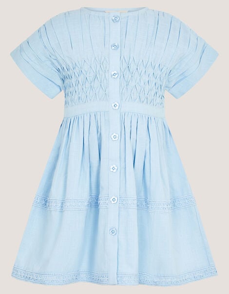 Flower Button Smocked Dress, Blue (BLUE), large
