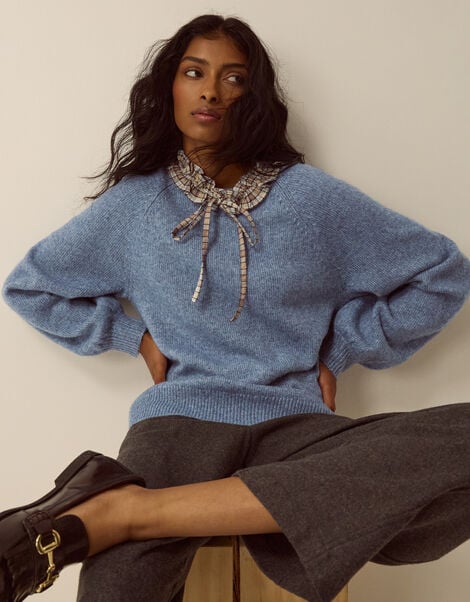 Corie Check Ruffle Collar Jumper, Blue (BLUE), large