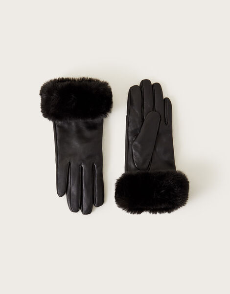 Fur Trim Leather Gloves, Black (BLACK), large