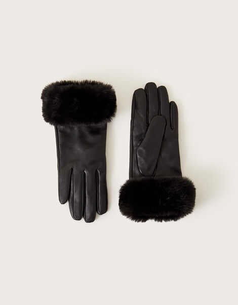 Fur Trim Leather Gloves Black, Black (BLACK), large