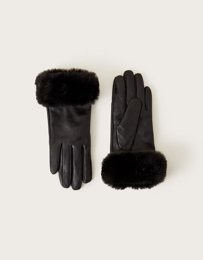 Fur Trim Leather Gloves, Black (BLACK), large