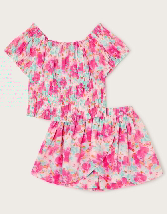 Tropical Floral Shirred Top and Skort Set, Pink (PINK), large