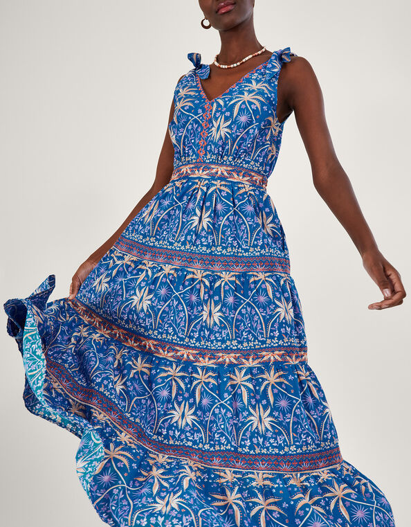 Palm Print Midi Dress, Blue (BLUE), large