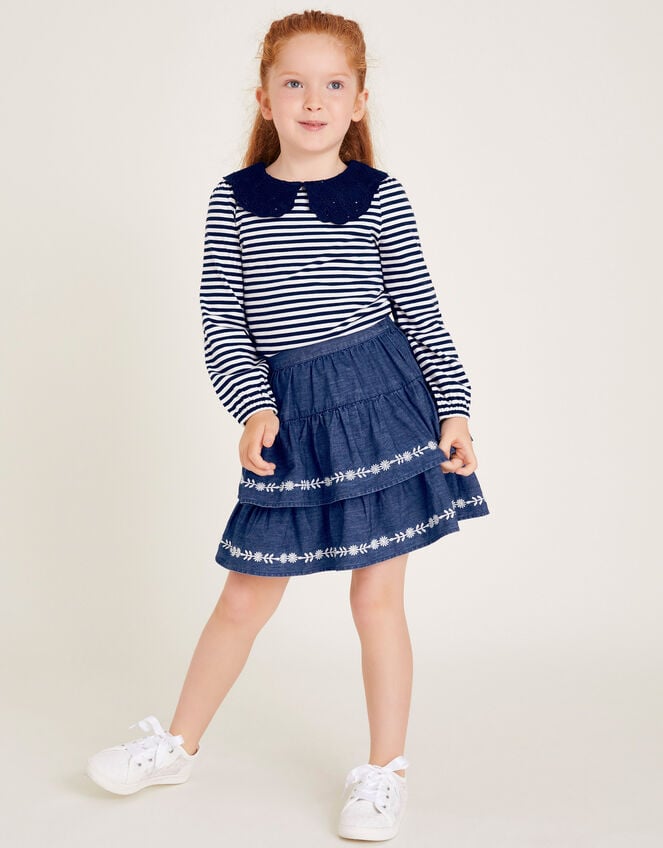 Stripe Collar Top and Skirt Set, Blue (NAVY), large