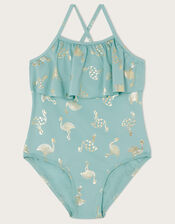 Flamingo Foil Print Frill Swimsuit, Blue (TURQUOISE), large