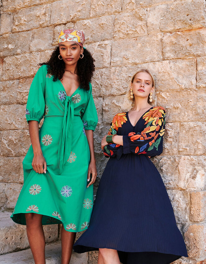 Embroidered Flower Midi Dress Green, Day Dresses