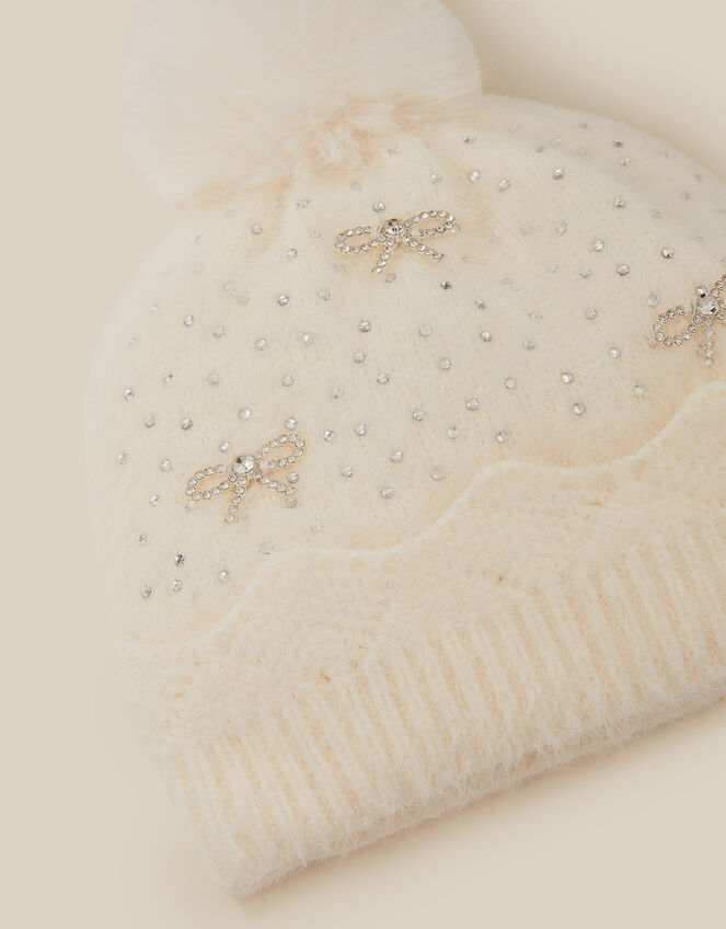 Sparkle Bow Beanie Hat, Ivory (IVORY), large