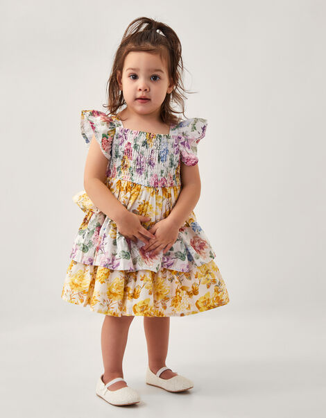 Baby Floral Print Puff Sleeve Dress, Yellow (YELLOW), large