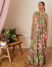 Premium Diamond Ikat Print Smock Dress, Green (GREEN), large