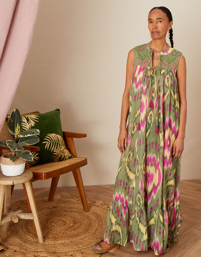 Premium Diamond Ikat Print Smock Dress, Green (GREEN), large