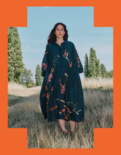 East Aphira Floral Pleated Shirt Dress, Teal (TEAL), large