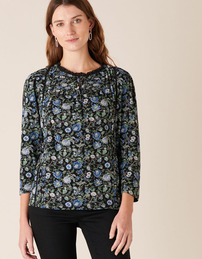 Floral Print Top with Organic Cotton, Black (BLACK), large