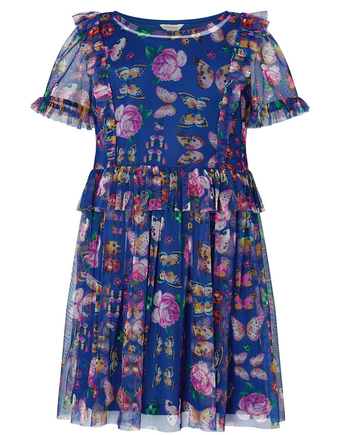 Britney Butterfly Mesh Dress in Recycled Polyester, Blue (NAVY), large